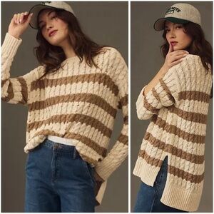 ANTHROPOLOGIE PILCRO Oversized Casual Cable Knit Striped Pullover Sweater S NWT